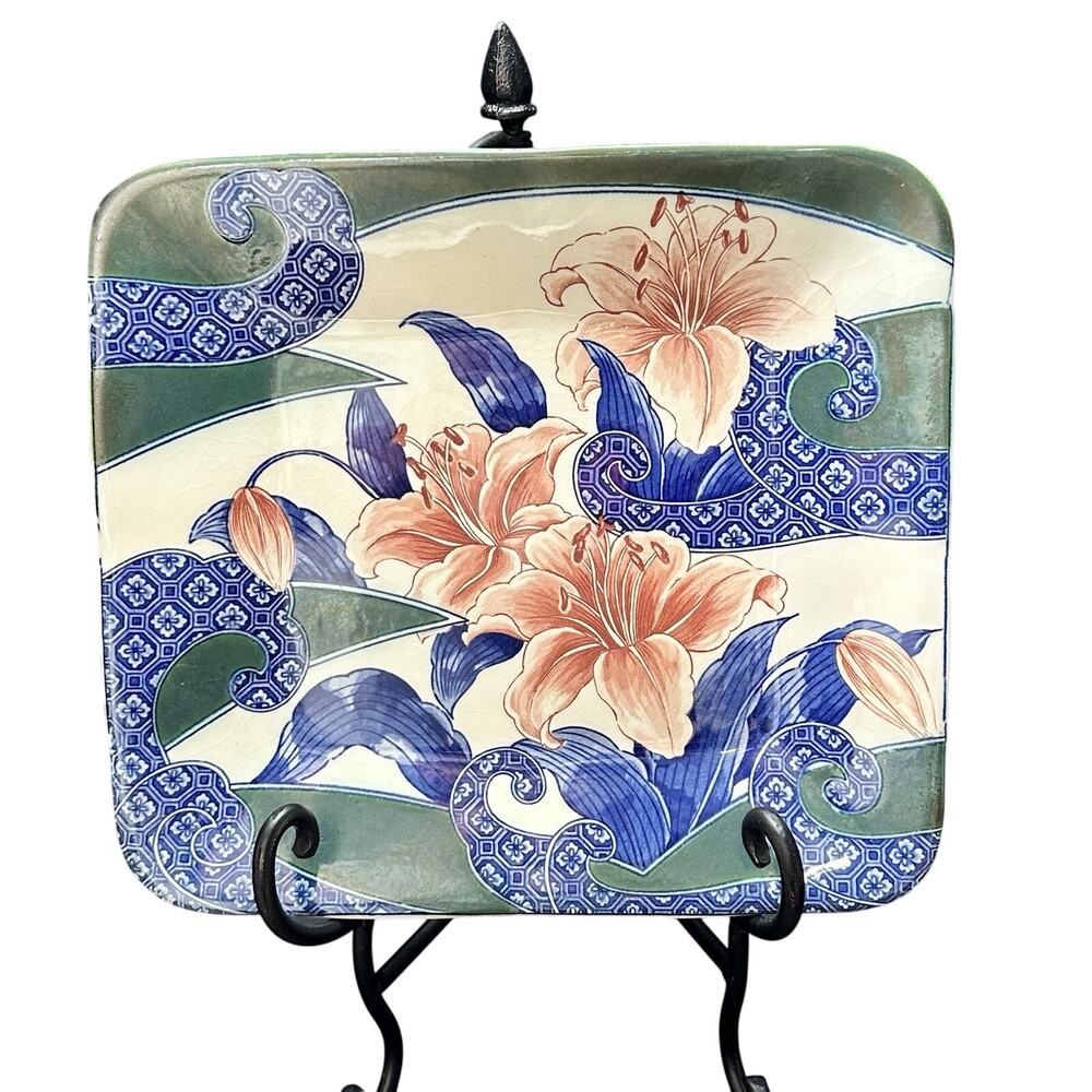 VTG Japanese Style Square Plate Red Lilies & Blue Waves 10” Decorative Platter‎
